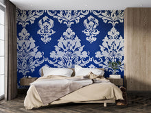 Load image into Gallery viewer, Victorian Damask Blue Wallpaper Mural – Bold White Pattern Wall Art – Elegant Bedroom Accent – Classic Baroque Decor – Luxury Gift for Home