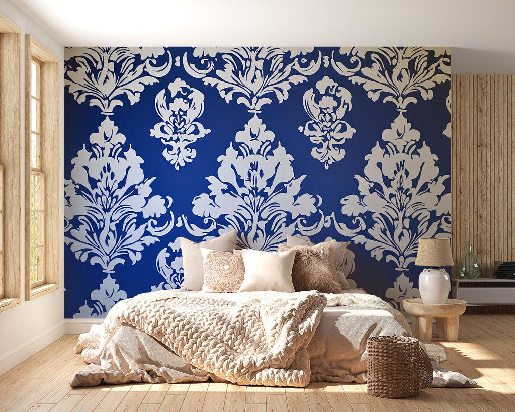 Victorian Damask Blue Wallpaper Mural – Bold White Pattern Wall Art – Elegant Bedroom Accent – Classic Baroque Decor – Luxury Gift for Home
