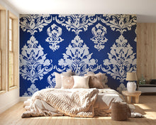 Load image into Gallery viewer, Victorian Damask Blue Wallpaper Mural – Bold White Pattern Wall Art – Elegant Bedroom Accent – Classic Baroque Decor – Luxury Gift for Home