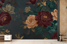 Load image into Gallery viewer, Enchanted Midnight Garden Wall Mural Oversized Jewel Tone Peonies, Roses &amp; Magnolia with Faux Gold Leaf | Luxury Dark Floral Wallpaper 769RS