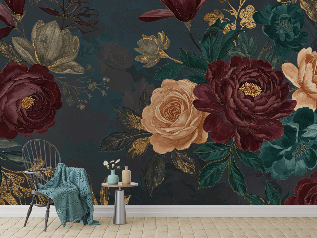 Enchanted Midnight Garden Wall Mural Oversized Jewel Tone Peonies, Roses & Magnolia with Faux Gold Leaf | Luxury Dark Floral Wallpaper 769RS