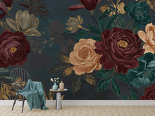 Load image into Gallery viewer, Enchanted Midnight Garden Wall Mural Oversized Jewel Tone Peonies, Roses &amp; Magnolia with Faux Gold Leaf | Luxury Dark Floral Wallpaper 769RS