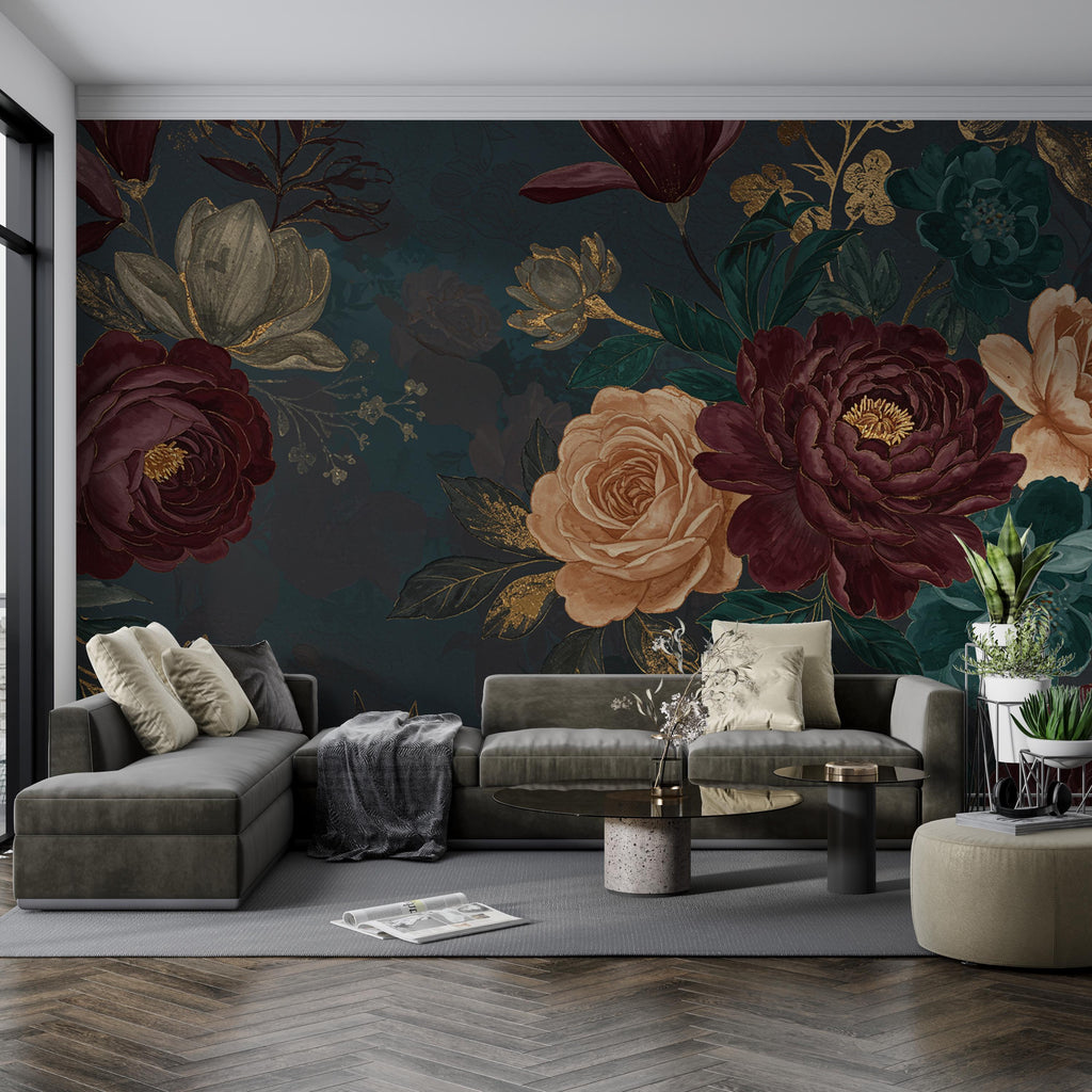 Enchanted Midnight Garden Wall Mural Oversized Jewel Tone Peonies, Roses & Magnolia with Faux Gold Leaf | Luxury Dark Floral Wallpaper 769RS