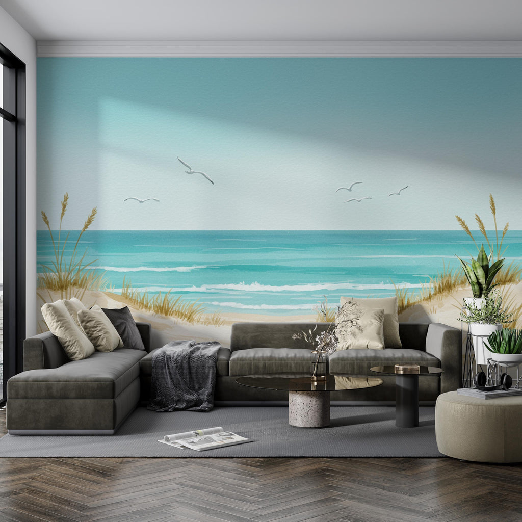 Panoramic Watercolor Seascape Wall Mural – Seagull bird Soft Turquoise Waves, Sandy Dunes & Birds | Coastal Beach House Wallpaper 770RS
