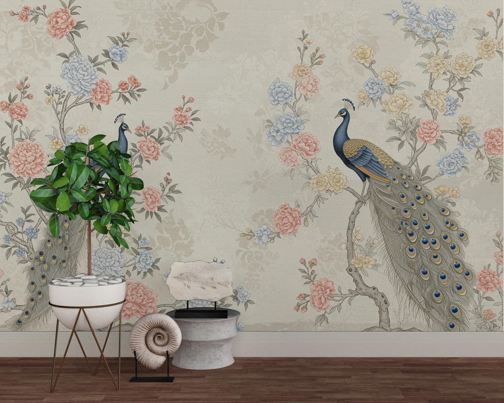 Chinoiserie Cherry Blossom Wall Mural – Pastel Peacocks & Exotic Birds with Antique Gold | Luxury Silk-Textured Wallpaper Wall Mural 771RS