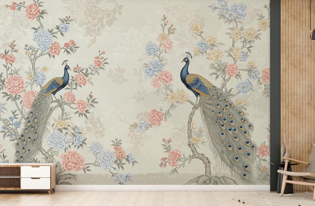 Chinoiserie Cherry Blossom Wall Mural – Pastel Peacocks & Exotic Birds with Antique Gold | Luxury Silk-Textured Wallpaper Wall Mural 771RS