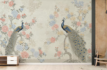 Load image into Gallery viewer, Chinoiserie Cherry Blossom Wall Mural – Pastel Peacocks &amp; Exotic Birds with Antique Gold | Luxury Silk-Textured Wallpaper Wall Mural 771RS