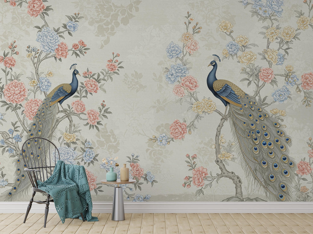 Chinoiserie Cherry Blossom Wall Mural – Pastel Peacocks & Exotic Birds with Antique Gold | Luxury Silk-Textured Wallpaper Wall Mural 771RS