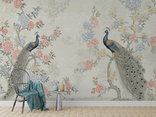 Load image into Gallery viewer, Chinoiserie Cherry Blossom Wall Mural – Pastel Peacocks &amp; Exotic Birds with Antique Gold | Luxury Silk-Textured Wallpaper Wall Mural 771RS