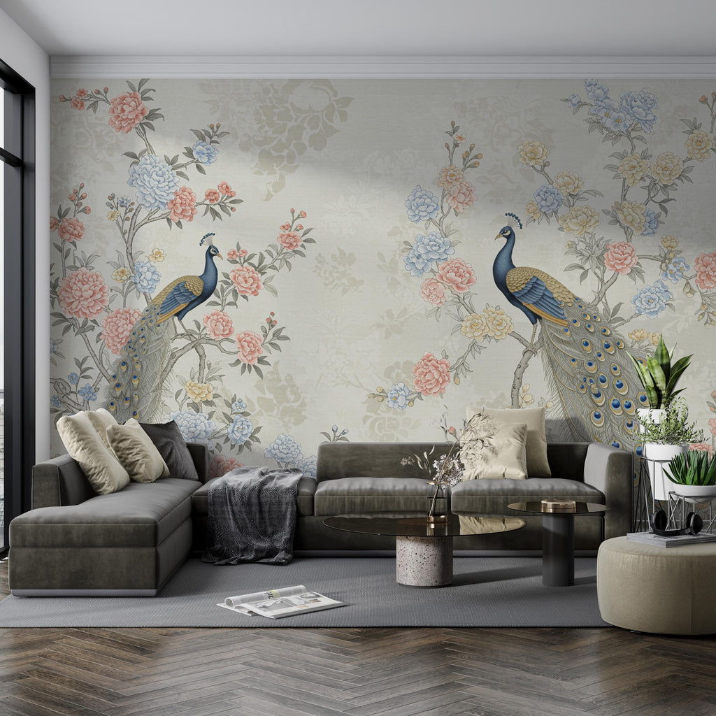 Chinoiserie Cherry Blossom Wall Mural – Pastel Peacocks & Exotic Birds with Antique Gold | Luxury Silk-Textured Wallpaper Wall Mural 771RS