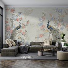 Load image into Gallery viewer, Chinoiserie Cherry Blossom Wall Mural – Pastel Peacocks &amp; Exotic Birds with Antique Gold | Luxury Silk-Textured Wallpaper Wall Mural 771RS