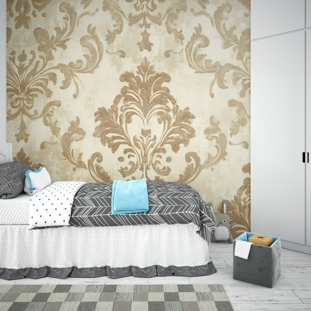 Victorian Beige Damask Wallpaper Mural – Elegant Neutral Wall Art – Baroque Style Bedroom Accent – Classic Vintage Decor – Stylish Home Gift