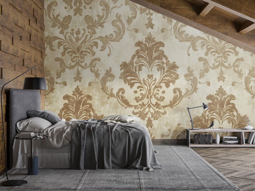 Victorian Beige Damask Wallpaper Mural – Elegant Neutral Wall Art – Baroque Style Bedroom Accent – Classic Vintage Decor – Stylish Home Gift