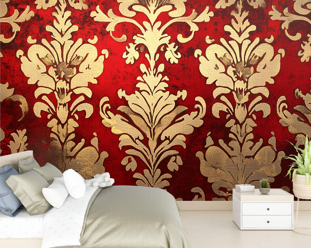 Red and Gold Victorian Damask Wallpaper Mural – Bold Baroque Wall Art – Luxury Bedroom Accent – Elegant Vintage Decor – Stylish Gift