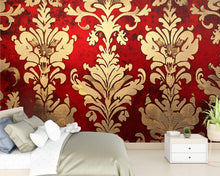 Load image into Gallery viewer, Red and Gold Victorian Damask Wallpaper Mural – Bold Baroque Wall Art – Luxury Bedroom Accent – Elegant Vintage Decor – Stylish Gift