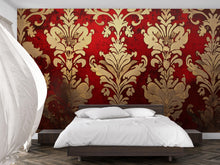 Load image into Gallery viewer, Red and Gold Victorian Damask Wallpaper Mural – Bold Baroque Wall Art – Luxury Bedroom Accent – Elegant Vintage Decor – Stylish Gift