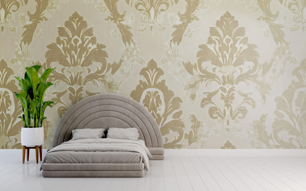 Victorian Neutral Damask Wallpaper Mural – Beige Gold Baroque Wall Art – Elegant Bedroom Accent – Classic Vintage Decor – Stylish Gift