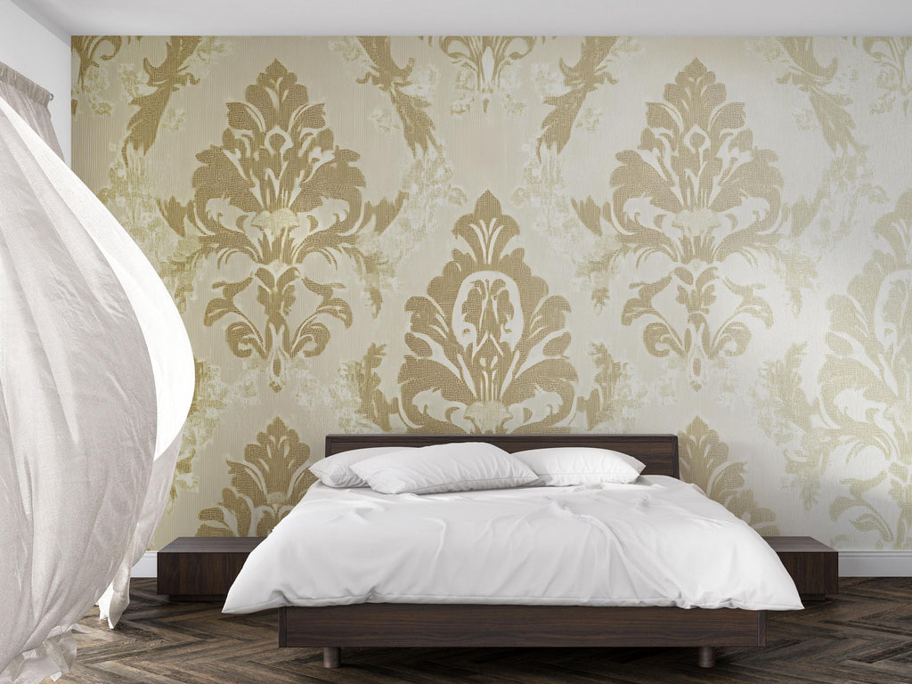 Victorian Neutral Damask Wallpaper Mural – Beige Gold Baroque Wall Art – Elegant Bedroom Accent – Classic Vintage Decor – Stylish Gift
