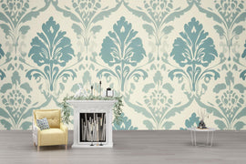 Aqua Blue Victorian Damask Wallpaper Mural – Elegant Pastel Wall Art – Light Baroque Bedroom Accent – Vintage-Inspired Decor – Stylish Gift