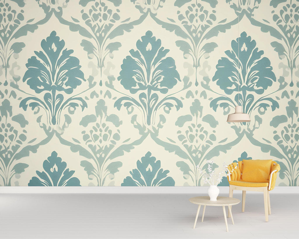 Aqua Blue Victorian Damask Wallpaper Mural – Elegant Pastel Wall Art – Light Baroque Bedroom Accent – Vintage-Inspired Decor – Stylish Gift