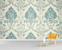 Load image into Gallery viewer, Aqua Blue Victorian Damask Wallpaper Mural – Elegant Pastel Wall Art – Light Baroque Bedroom Accent – Vintage-Inspired Decor – Stylish Gift