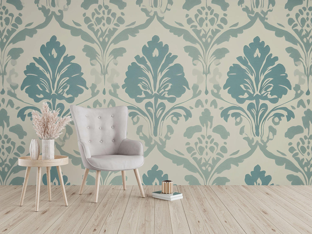 Aqua Blue Victorian Damask Wallpaper Mural – Elegant Pastel Wall Art – Light Baroque Bedroom Accent – Vintage-Inspired Decor – Stylish Gift