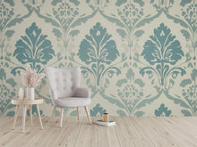 Load image into Gallery viewer, Aqua Blue Victorian Damask Wallpaper Mural – Elegant Pastel Wall Art – Light Baroque Bedroom Accent – Vintage-Inspired Decor – Stylish Gift