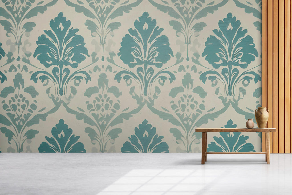 Aqua Blue Victorian Damask Wallpaper Mural – Elegant Pastel Wall Art – Light Baroque Bedroom Accent – Vintage-Inspired Decor – Stylish Gift