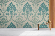 Load image into Gallery viewer, Aqua Blue Victorian Damask Wallpaper Mural – Elegant Pastel Wall Art – Light Baroque Bedroom Accent – Vintage-Inspired Decor – Stylish Gift