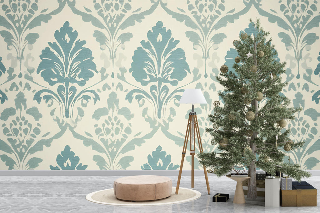 Aqua Blue Victorian Damask Wallpaper Mural – Elegant Pastel Wall Art – Light Baroque Bedroom Accent – Vintage-Inspired Decor – Stylish Gift