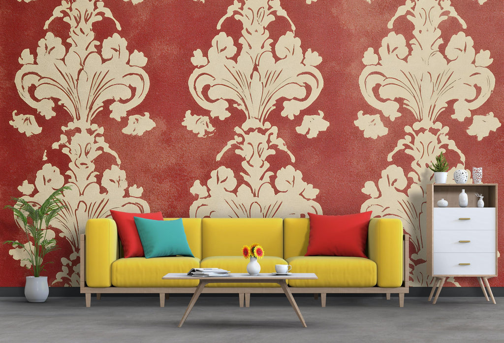 Red Victorian Damask Wallpaper Mural – Bold Baroque Wall Art – Elegant Vintage Accent – Classic Home Decor – Stylish Gift Idea for Holidays