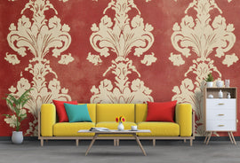 Red Victorian Damask Wallpaper Mural – Bold Baroque Wall Art – Elegant Vintage Accent – Classic Home Decor – Stylish Gift Idea for Holidays