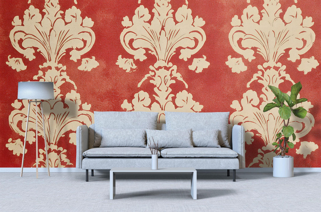 Red Victorian Damask Wallpaper Mural – Bold Baroque Wall Art – Elegant Vintage Accent – Classic Home Decor – Stylish Gift Idea for Holidays