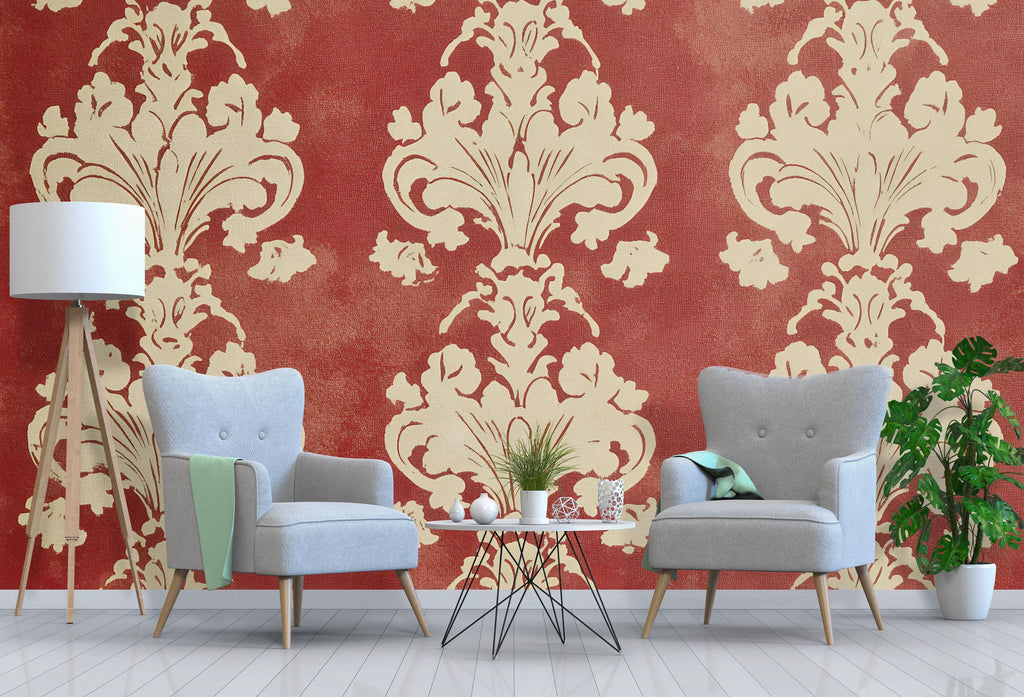 Red Victorian Damask Wallpaper Mural – Bold Baroque Wall Art – Elegant Vintage Accent – Classic Home Decor – Stylish Gift Idea for Holidays
