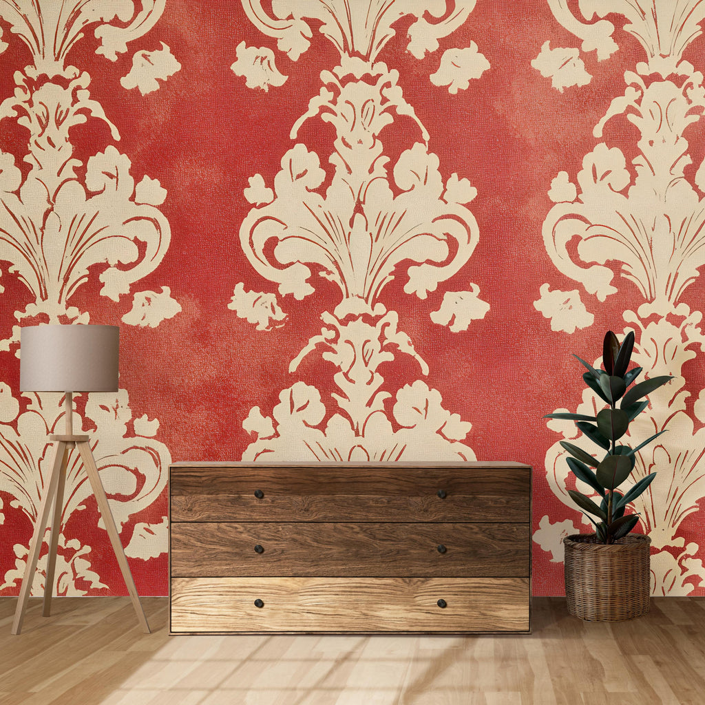 Red Victorian Damask Wallpaper Mural – Bold Baroque Wall Art – Elegant Vintage Accent – Classic Home Decor – Stylish Gift Idea for Holidays