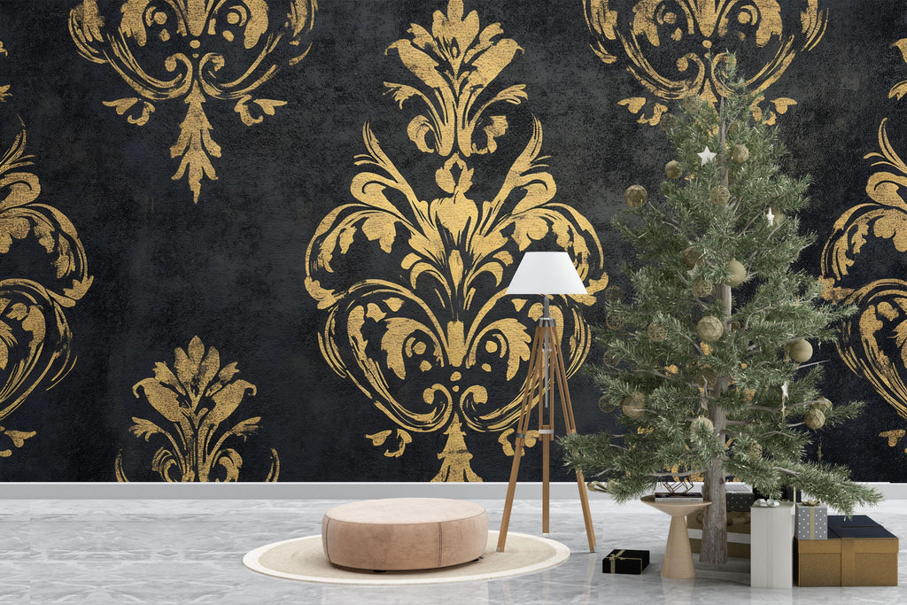 Black and Gold Victorian Damask Wallpaper – Elegant Baroque Mural – Dark Luxury Wall Decor – Vintage Accent – Classy Gift for Holidays