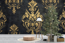 Load image into Gallery viewer, Black and Gold Victorian Damask Wallpaper – Elegant Baroque Mural – Dark Luxury Wall Decor – Vintage Accent – Classy Gift for Holidays