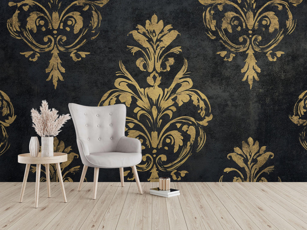 Black and Gold Victorian Damask Wallpaper – Elegant Baroque Mural – Dark Luxury Wall Decor – Vintage Accent – Classy Gift for Holidays