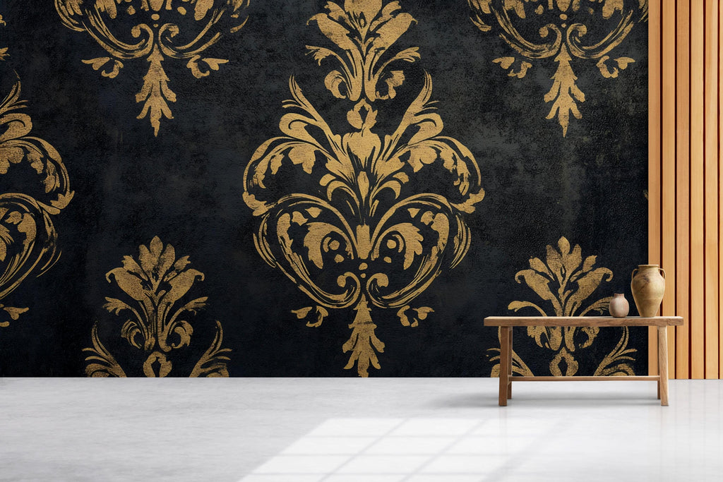 Black and Gold Victorian Damask Wallpaper – Elegant Baroque Mural – Dark Luxury Wall Decor – Vintage Accent – Classy Gift for Holidays