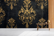 Load image into Gallery viewer, Black and Gold Victorian Damask Wallpaper – Elegant Baroque Mural – Dark Luxury Wall Decor – Vintage Accent – Classy Gift for Holidays
