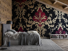 Load image into Gallery viewer, Black Burgundy Victorian Damask Wallpaper – Vintage Floral Wall Mural – Elegant Baroque Pattern – Dark Romantic Decor – Holiday Gift