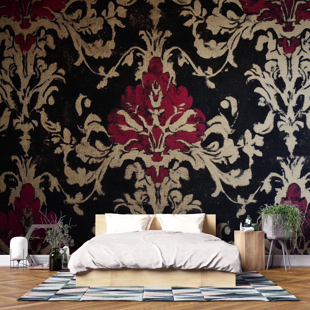 Black Burgundy Victorian Damask Wallpaper – Vintage Floral Wall Mural – Elegant Baroque Pattern – Dark Romantic Decor – Holiday Gift
