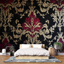 Load image into Gallery viewer, Black Burgundy Victorian Damask Wallpaper – Vintage Floral Wall Mural – Elegant Baroque Pattern – Dark Romantic Decor – Holiday Gift