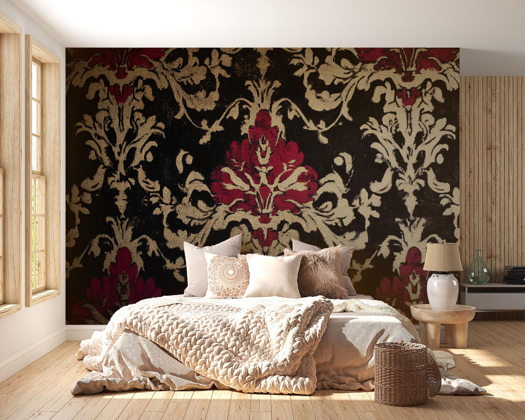 Black Burgundy Victorian Damask Wallpaper – Vintage Floral Wall Mural – Elegant Baroque Pattern – Dark Romantic Decor – Holiday Gift