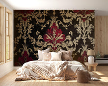 Load image into Gallery viewer, Black Burgundy Victorian Damask Wallpaper – Vintage Floral Wall Mural – Elegant Baroque Pattern – Dark Romantic Decor – Holiday Gift