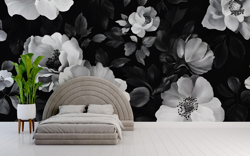 Black White Floral Wallpaper Mural – Boho Oversized Flower Wall Art – Monochrome Botanical Wall Decor – Romantic Modern Bedroom