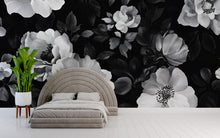 Load image into Gallery viewer, Black White Floral Wallpaper Mural – Boho Oversized Flower Wall Art – Monochrome Botanical Wall Decor – Romantic Modern Bedroom