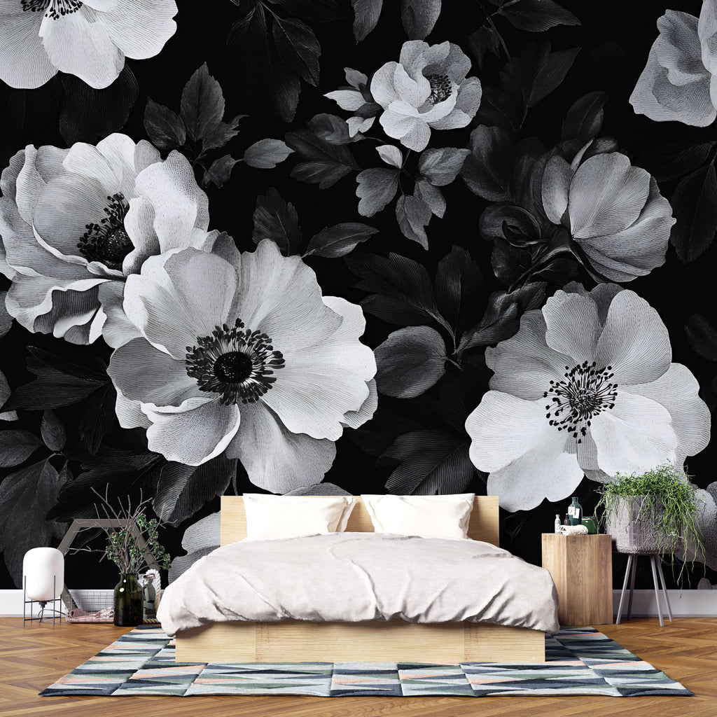 Black White Floral Wallpaper Mural – Boho Oversized Flower Wall Art – Monochrome Botanical Wall Decor – Romantic Modern Bedroom