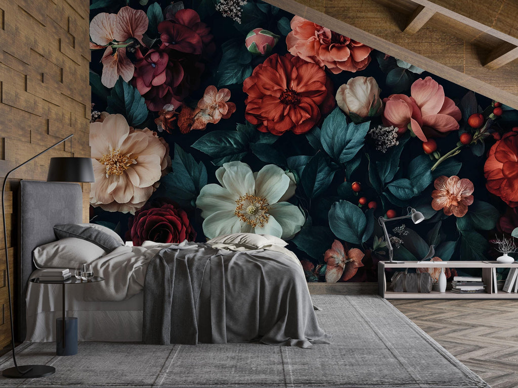 Dark Floral Wallpaper Mural – Boho Botanical Wall Art – Oversized Moody Flower Wall Decor for Bedroom – Romantic Gothic Gift