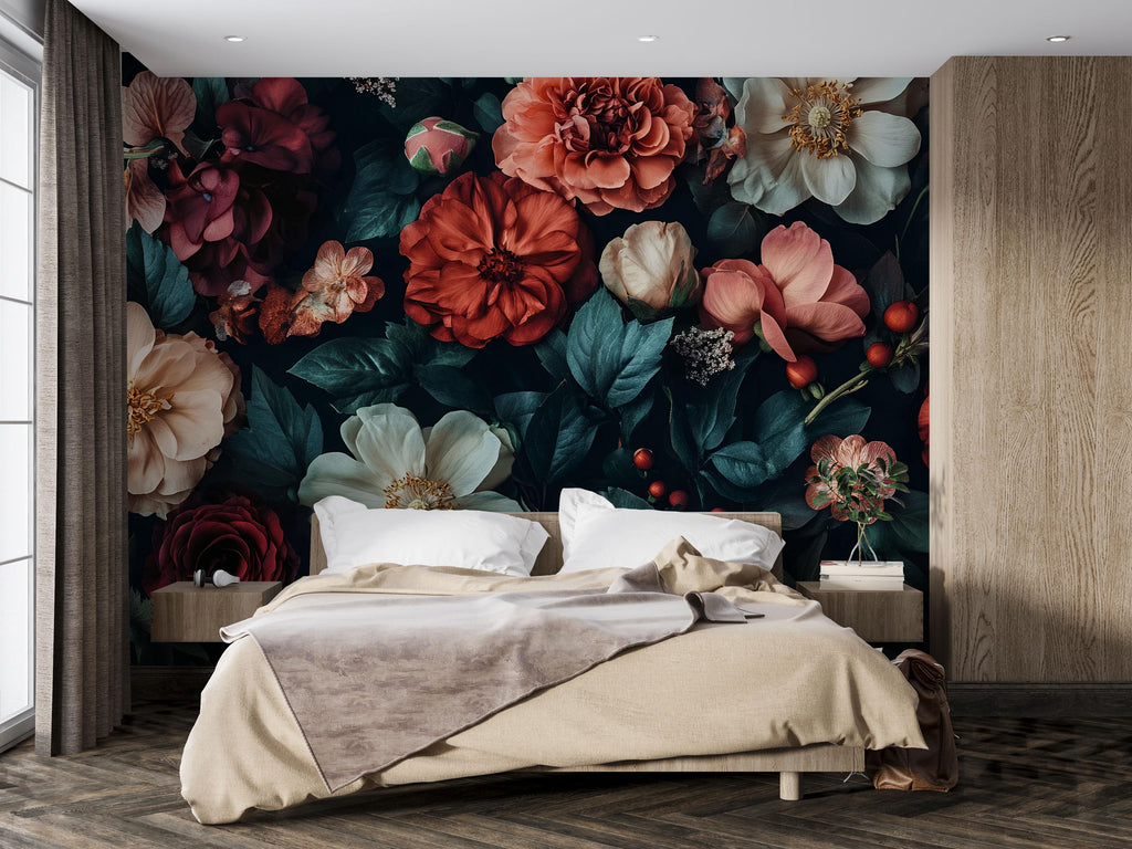 Dark Floral Wallpaper Mural – Boho Botanical Wall Art – Oversized Moody Flower Wall Decor for Bedroom – Romantic Gothic Gift